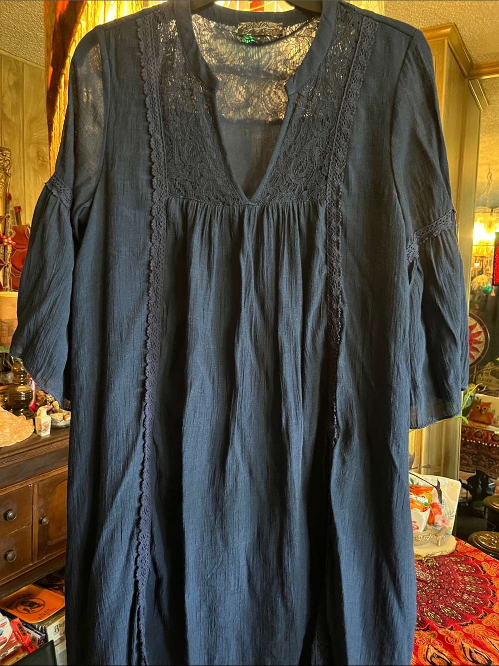 Boho Lace-Trim V-Neck Women's Dress — Blue